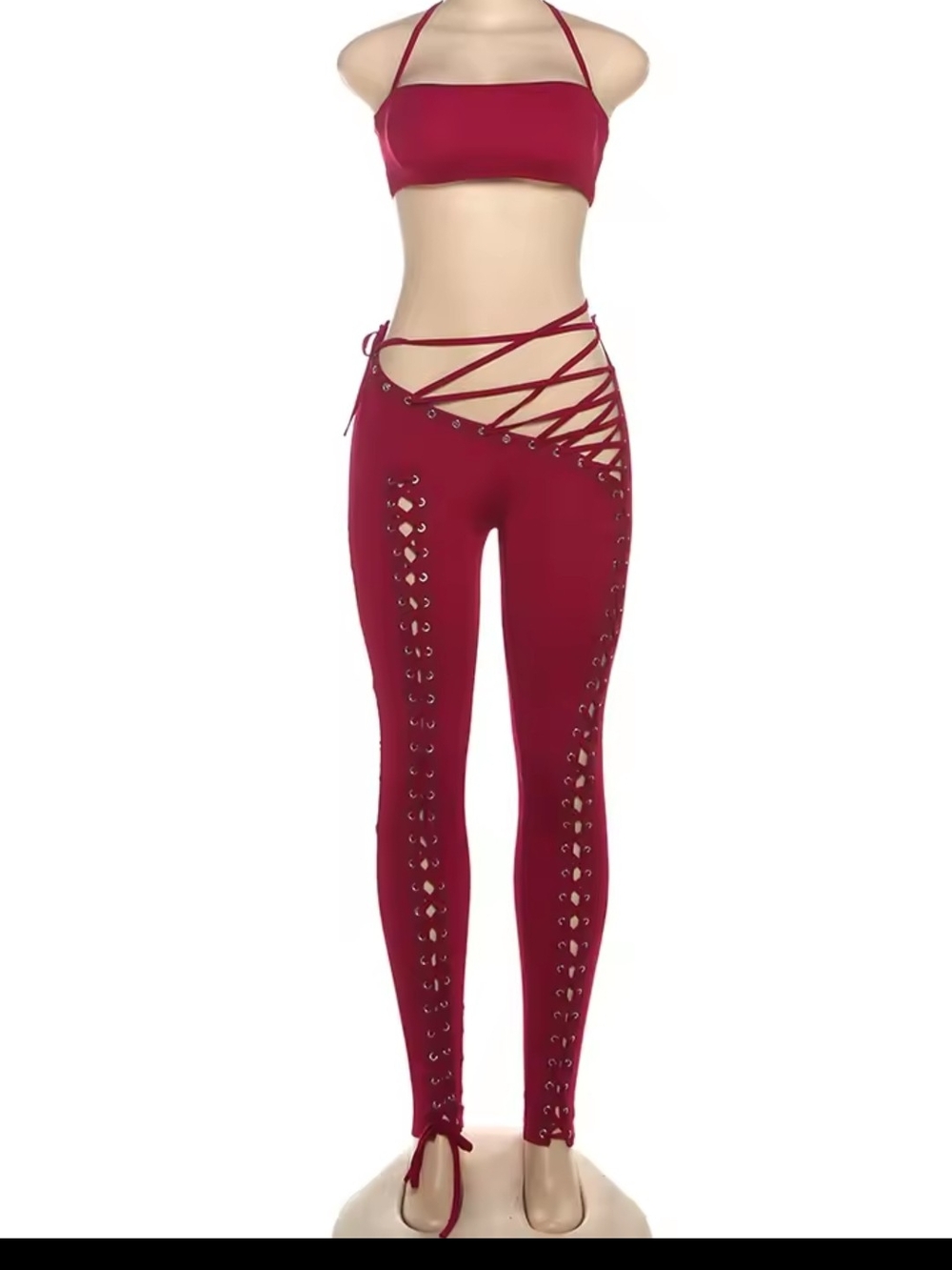 Women's Lace-Up Cutout High-Waist Pants - Burgundy